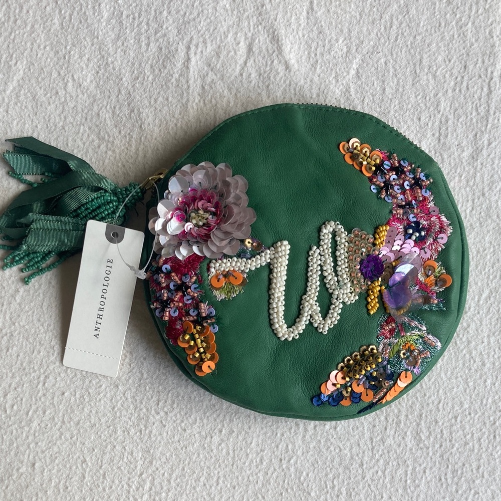 Anthropologie Emerald Green Beaded Floral Sequin Round Clutch